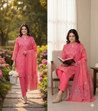 Fuchsia Bloom" 3-piece unstitched suit.