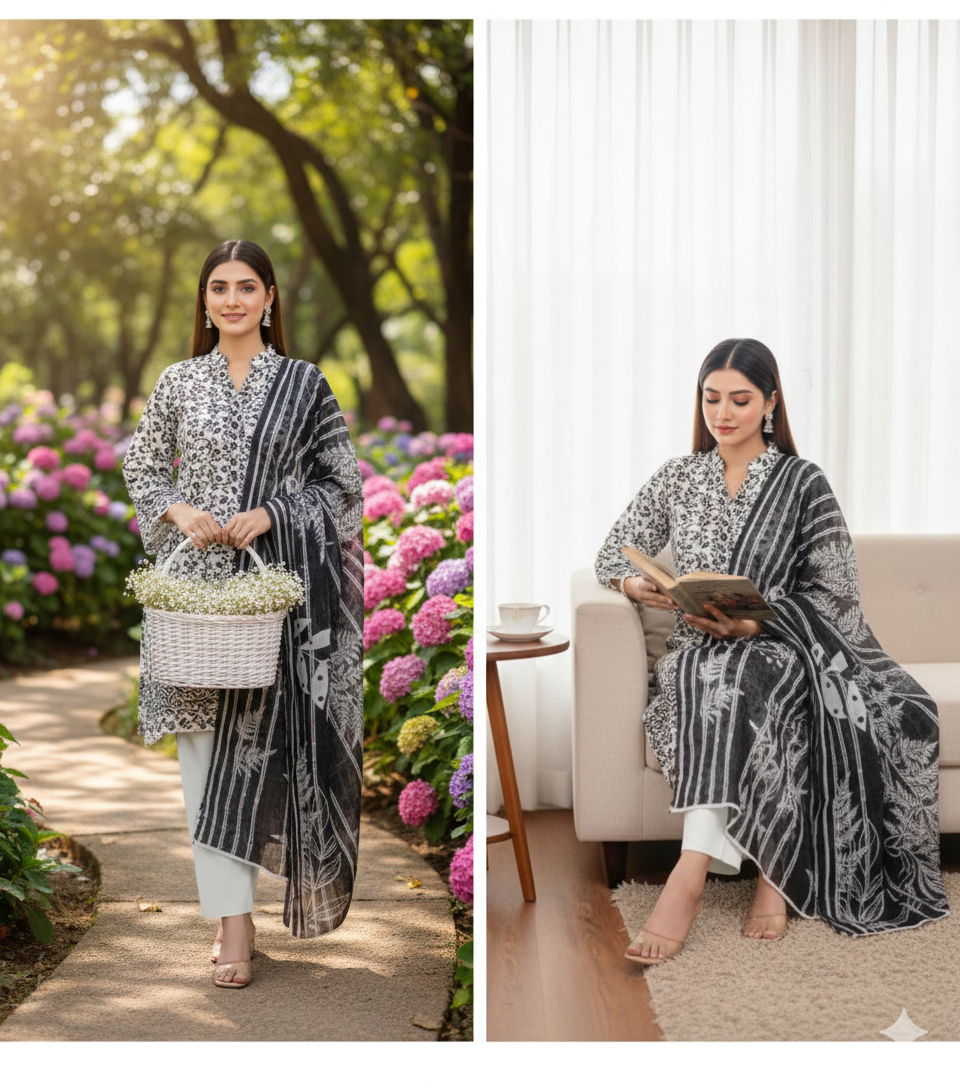 Noir Fern 3-piece unstitched suit